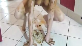 Kinky scat girl pooping on her face and smears that shit