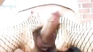 Vintage hot Blonde puts new fishnets on and gives postman footjob for delivering them