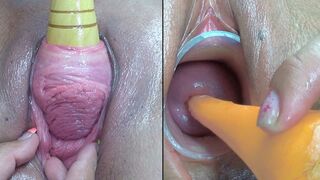 Lesbians Pee Hole Penetration and Cervix Fucking with vegetables