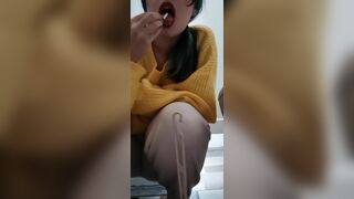 Filthy whore licking toilet brush then eating toilet paper and fags