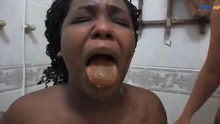 Black ebony scat slave forced to lick the toilet seat and eat lezdoms shit